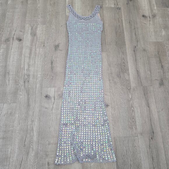 Women's Hand Crochet Sequin Sparkly Gown Shawl Silver S Formal Elegant DiscoLuxe - Picture 11 of 16